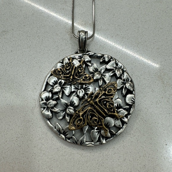 Mixed Metal Butterfly Pendant 2” On Chain - Picture 3 of 7